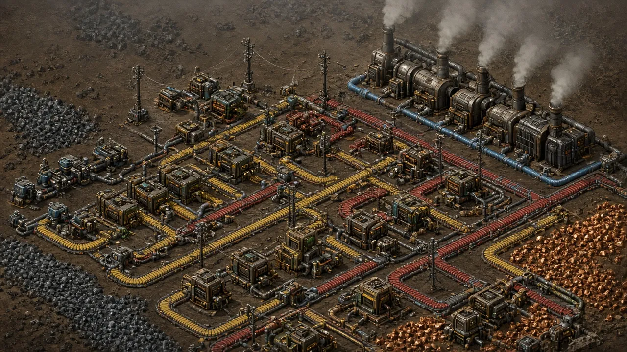 Fábrica no Factorio com linhas de produção, esteiras e máquinas interligadas