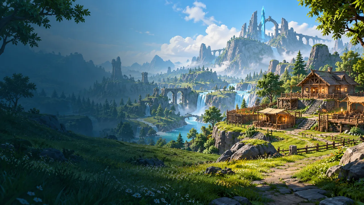 Ilustração inspirada em Palworld, com uma base em um vale verde