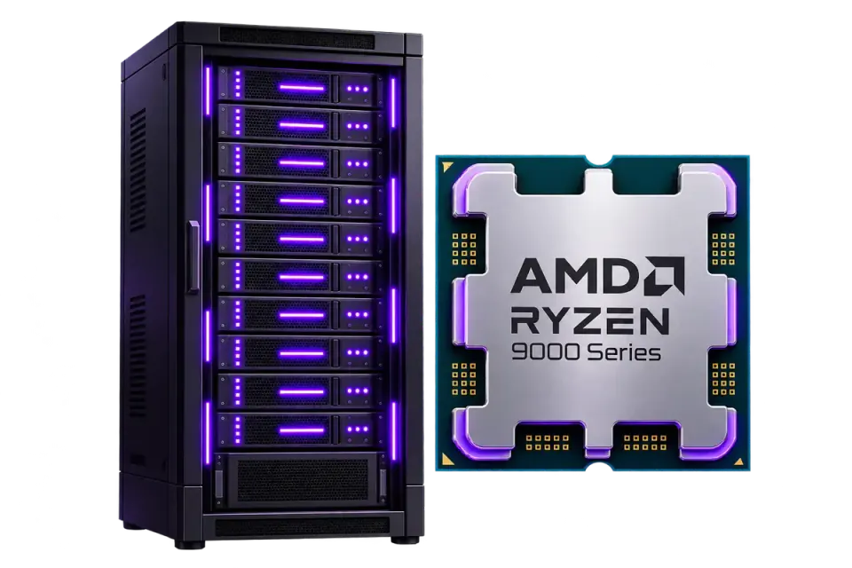 Rack de servidores y procesador AMD Ryzen de la VPS RoxyCloud